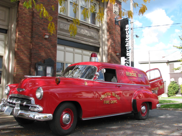 Photo of 2M Architects office facade in 115 Lake st, the old Fire Hall 2 featuring an old Fire fighter car